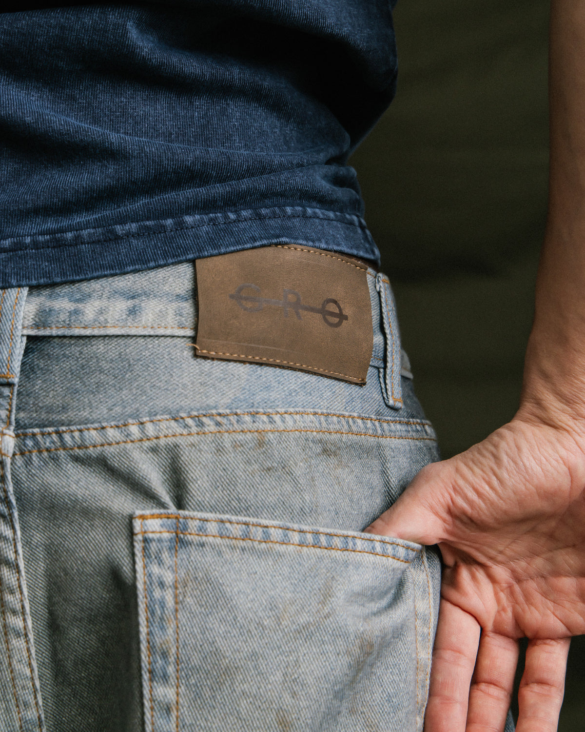 GROCERY FAKE WASHED PRINT WIDE DENIM JEANS/ BLUE
