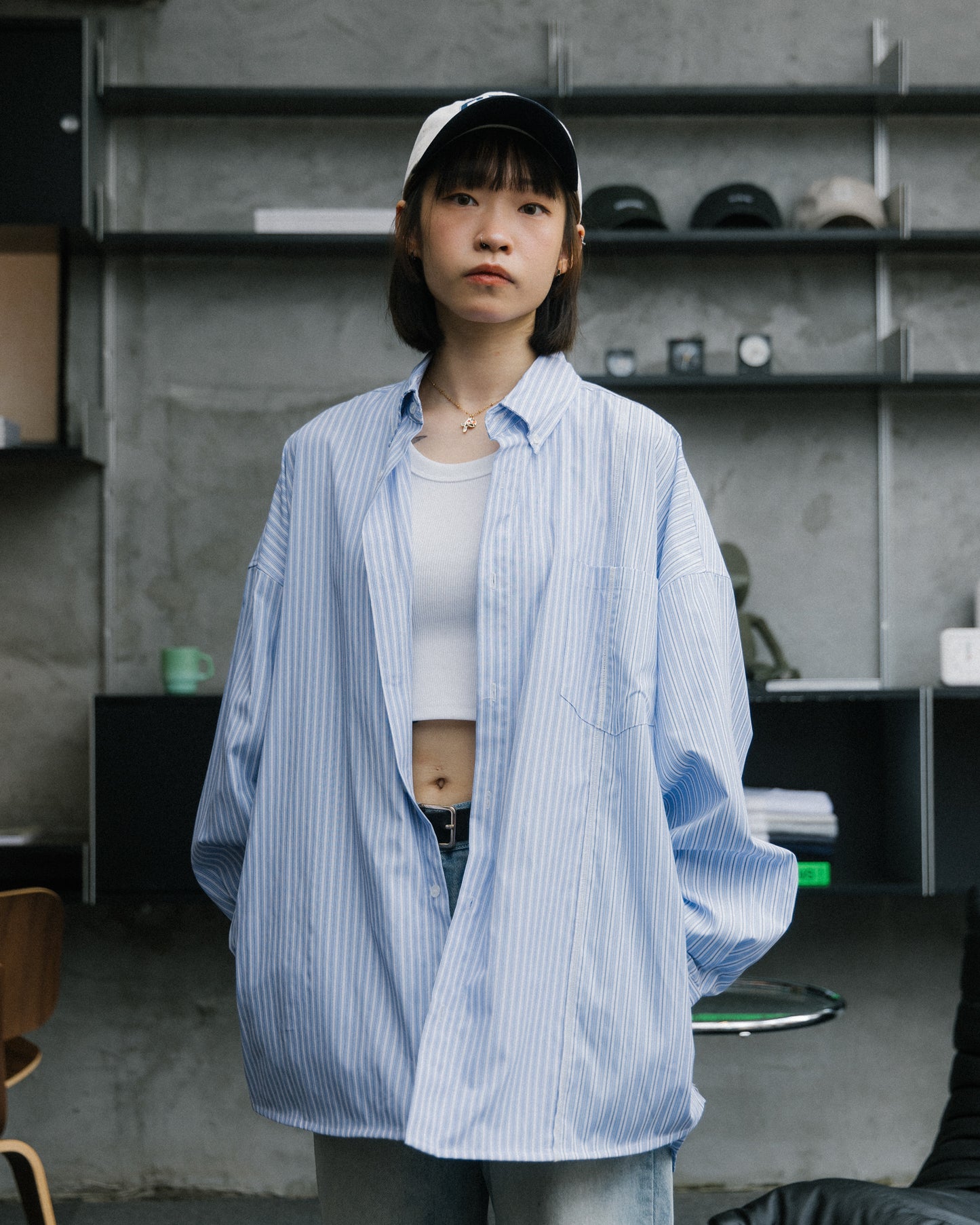 GROCERY TWO TONE PATCHWORK STRIPE SHIRT/ WHITE & BLUE