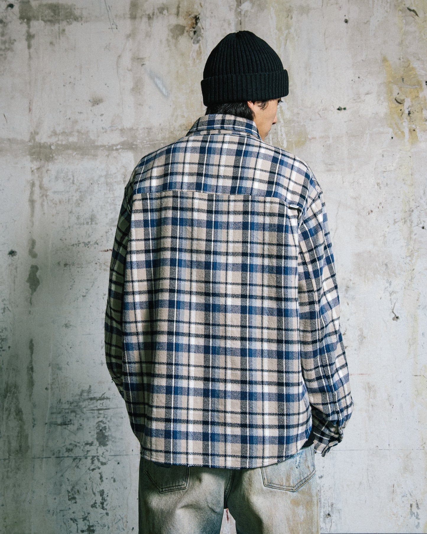 GROCERY DOUBLE POCKET FLANNEL SHIRT/ BEIGE & NAVY