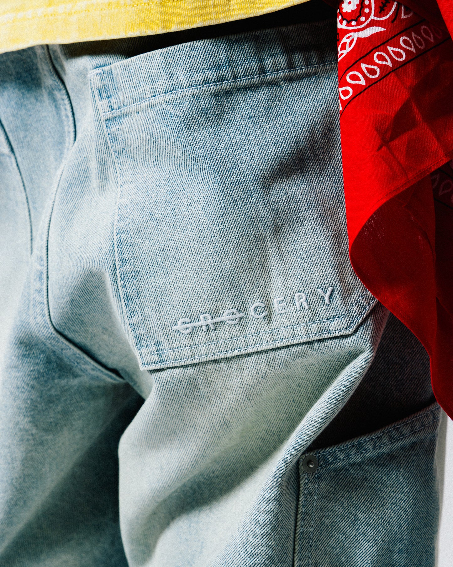 GROCERY BAGGY DOUBLE KNEE WASHED DENIM JEANS/ LIGHT BLUE