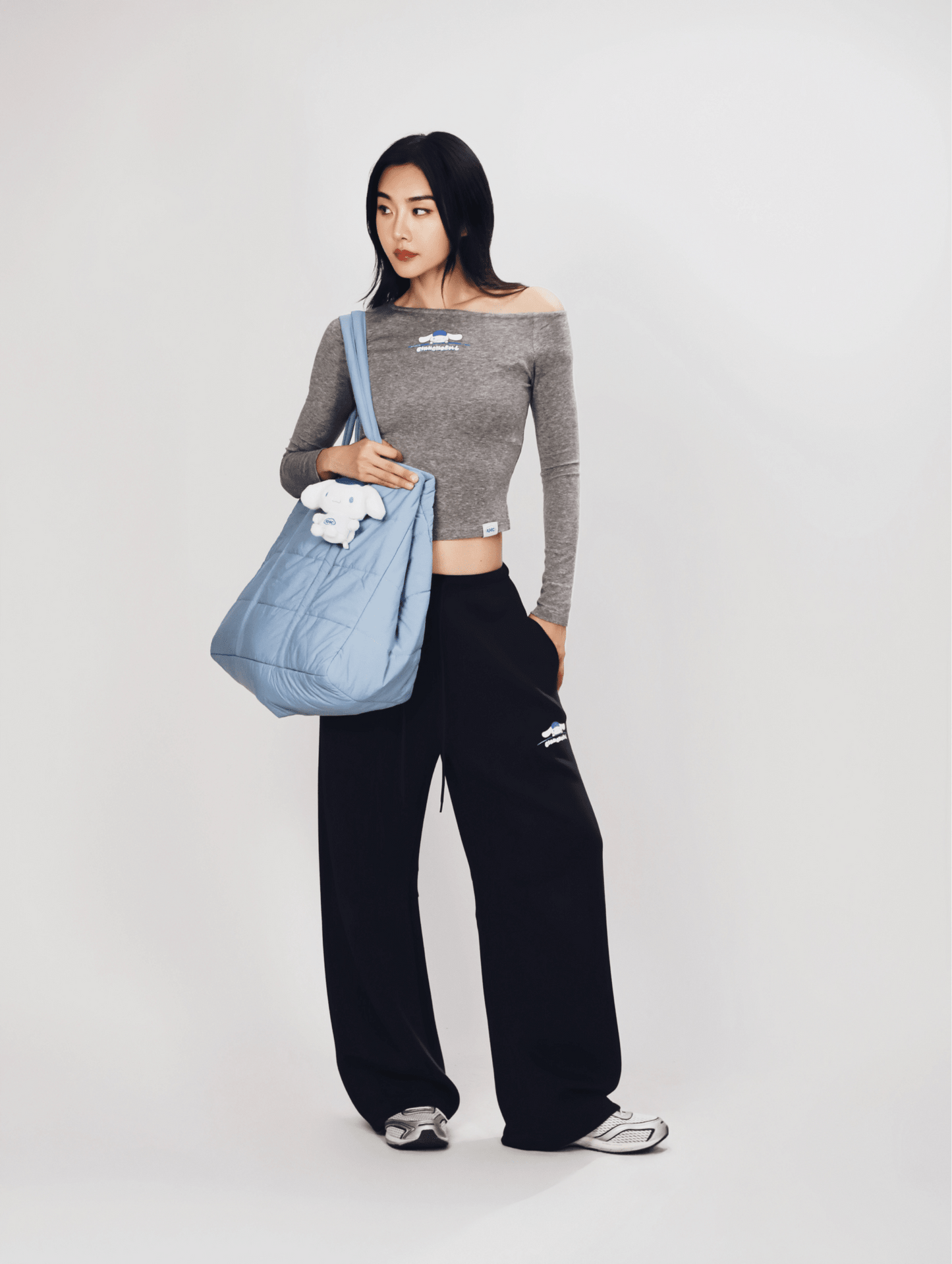 Aim Higher Club ♥ Cinnamoroll On The Bar Drop Shoulder Women Soft Top/ Flecking Grey - GROGROCERY