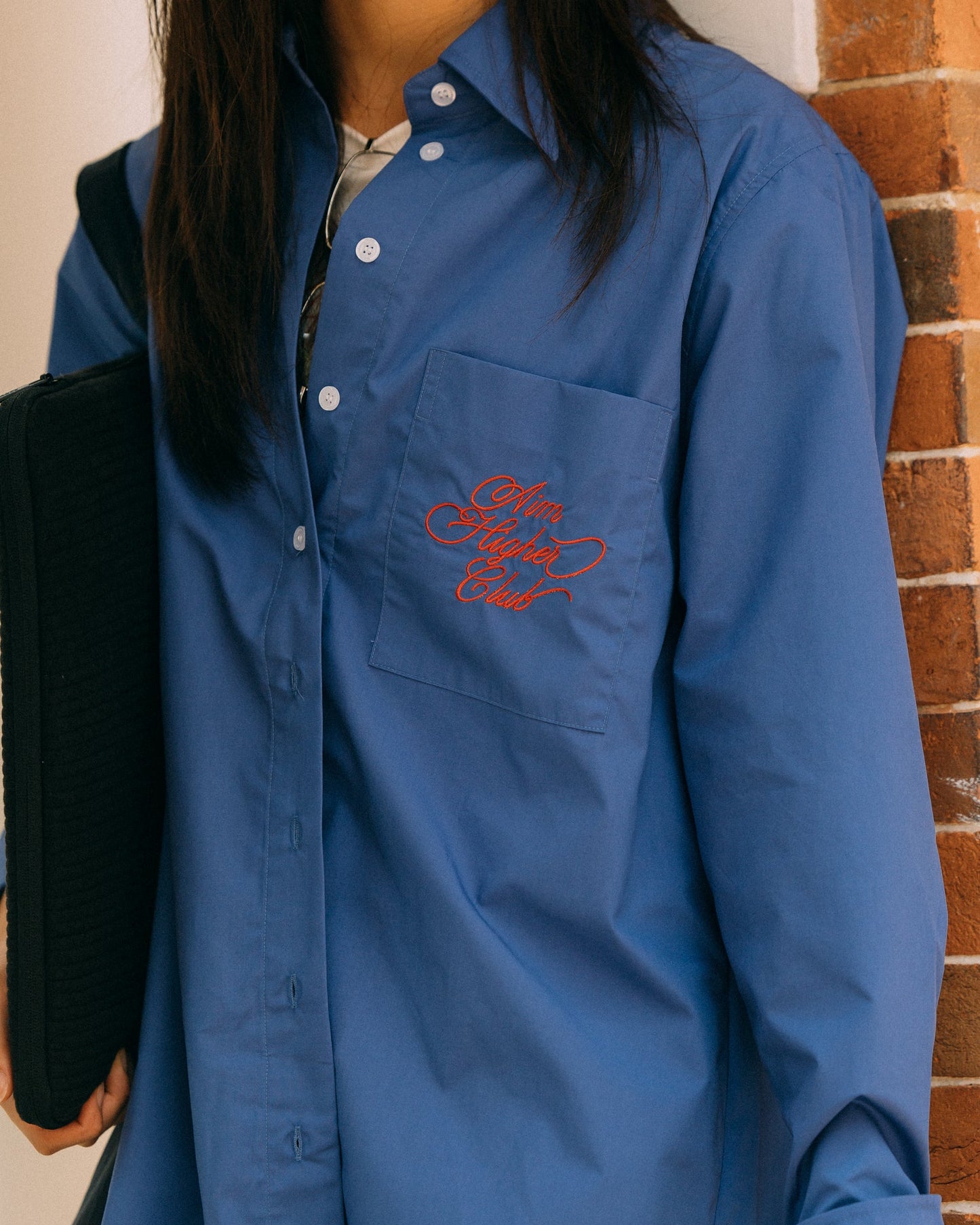 Aim Higher Club Pocket Oversized Boyfriend Shirt/ Purple Blue - GROGROCERY