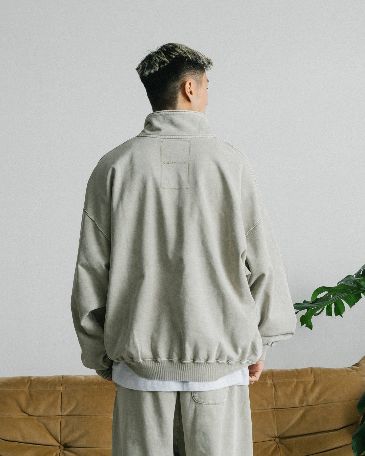 GROCERY BASIC WASHED HALF ZIP SWEATER/ GREY OLIVE - GROGROCERY