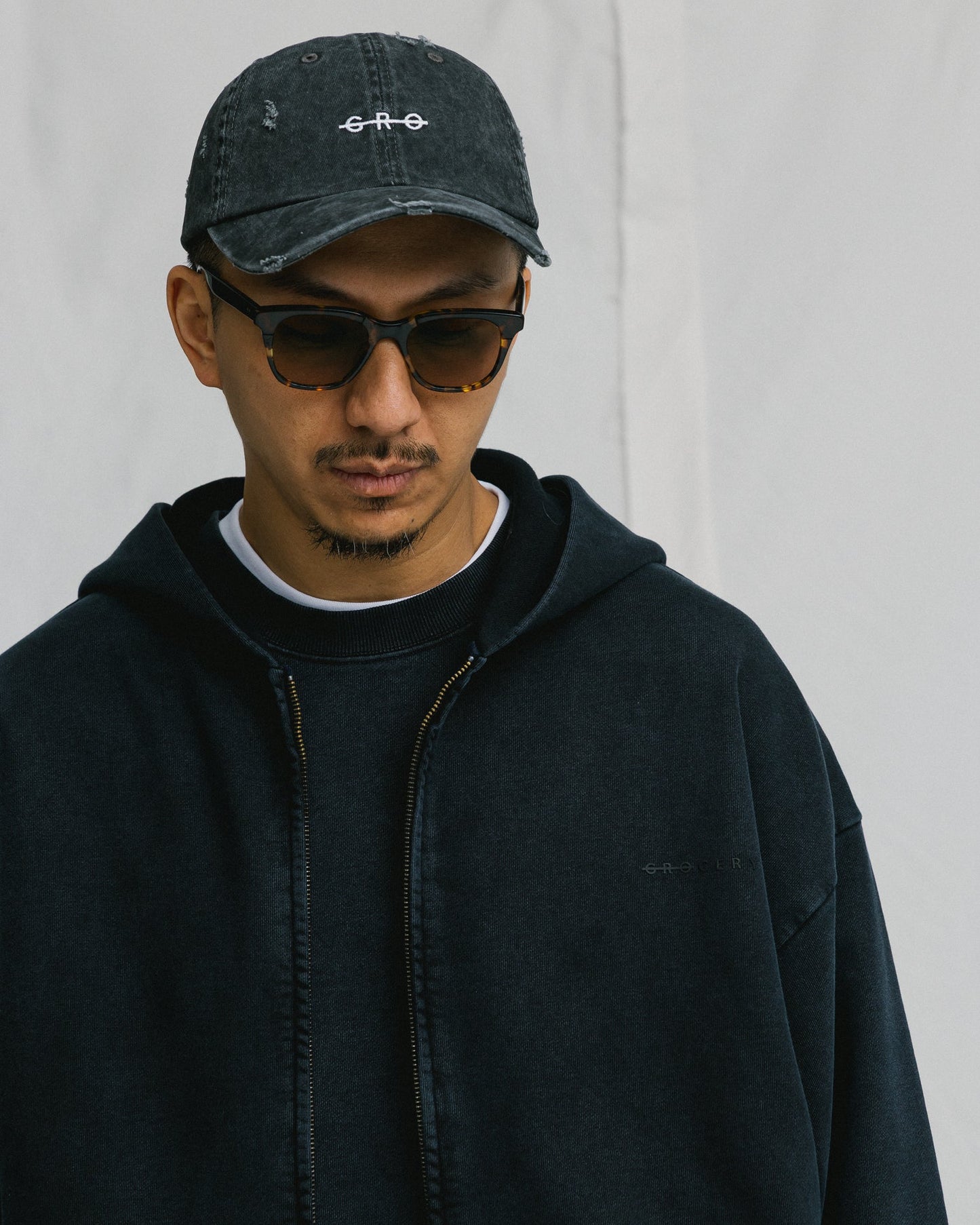 GROCERY BASIC WASHED ZIP UP HOODIE/ BLACK - GROGROCERY