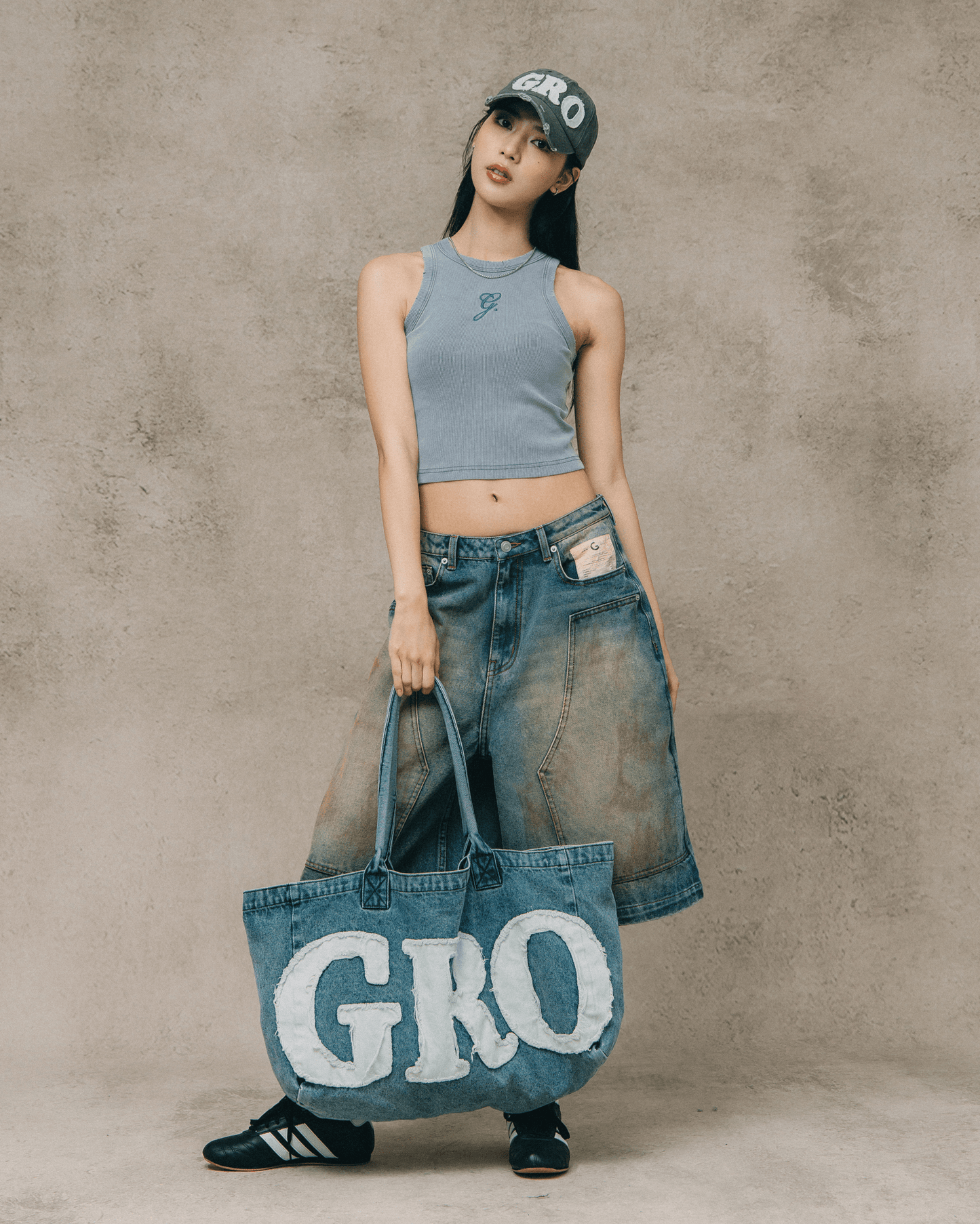 GROCERY DENIM PATCHWORK LOGO SHOPPER TOTE BAG/ LIGHT BLUE - GROGROCERY