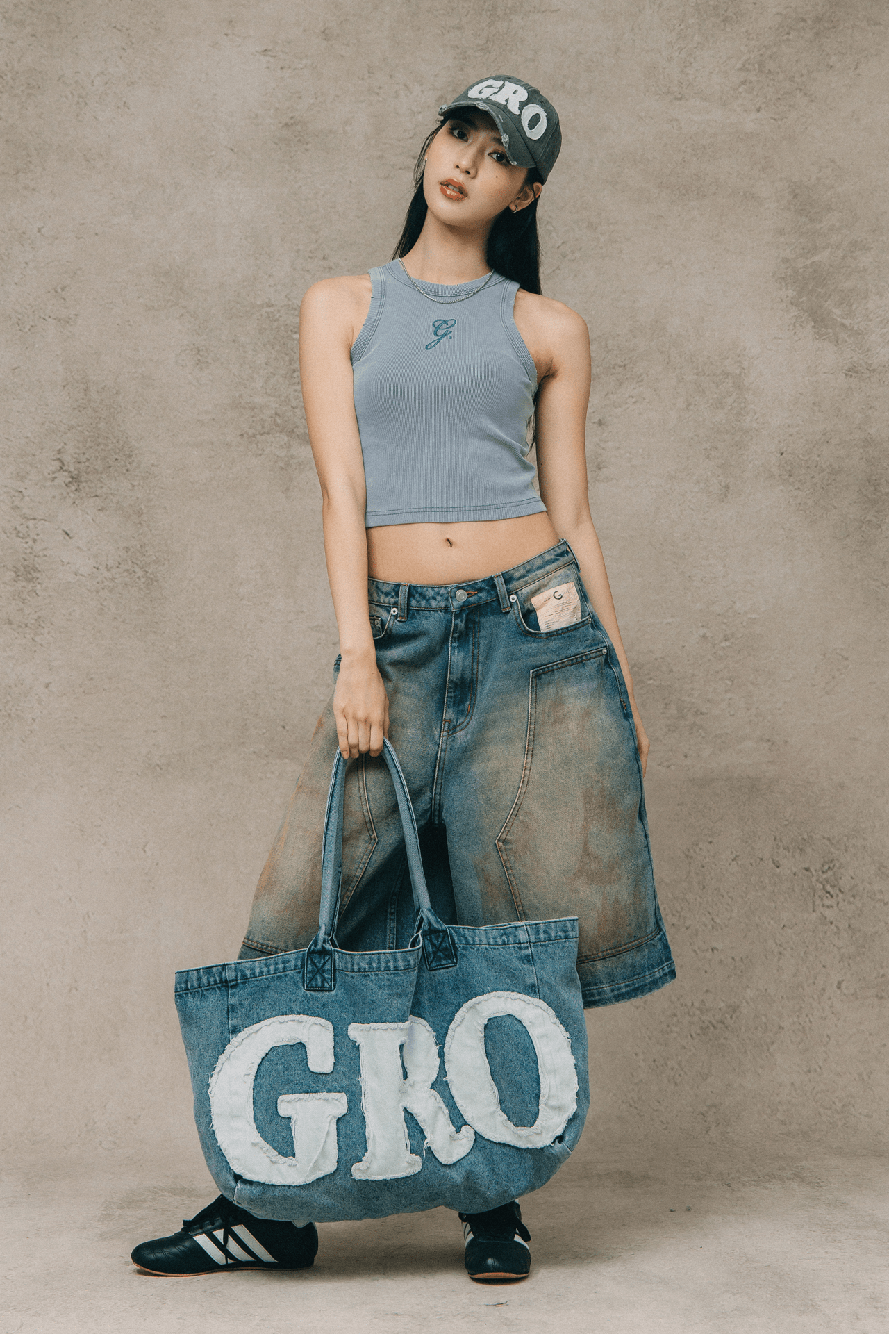 GROCERY DENIM PATCHWORK LOGO SHOPPER TOTE BAG/ LIGHT BLUE - GROGROCERY