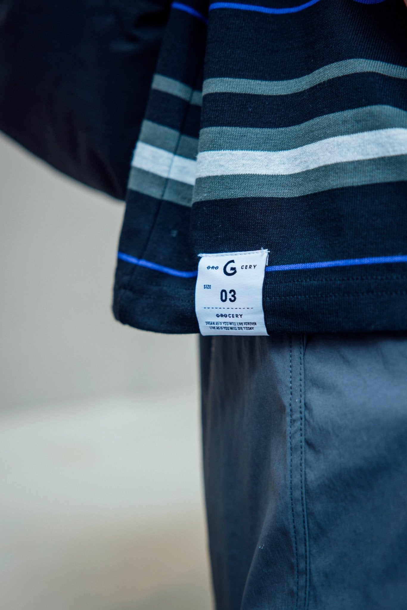 GROCERY EMBROIDERY LOGO STRIPE POCKET TEE/ BLACK & GREY - GROGROCERY