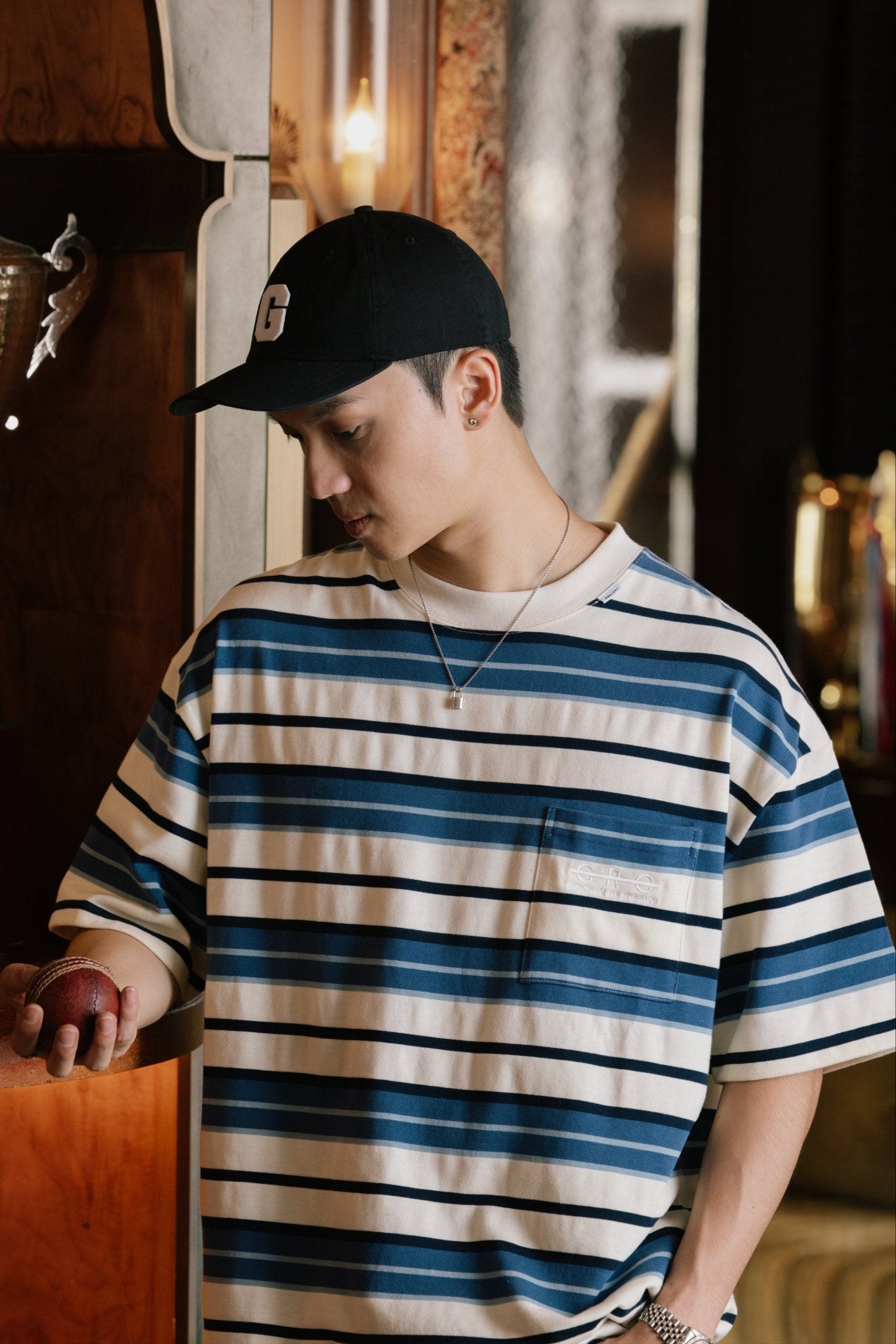 GROCERY EMBROIDERY LOGO STRIPE POCKET TEE/ CREAM & BLUE - GROGROCERY