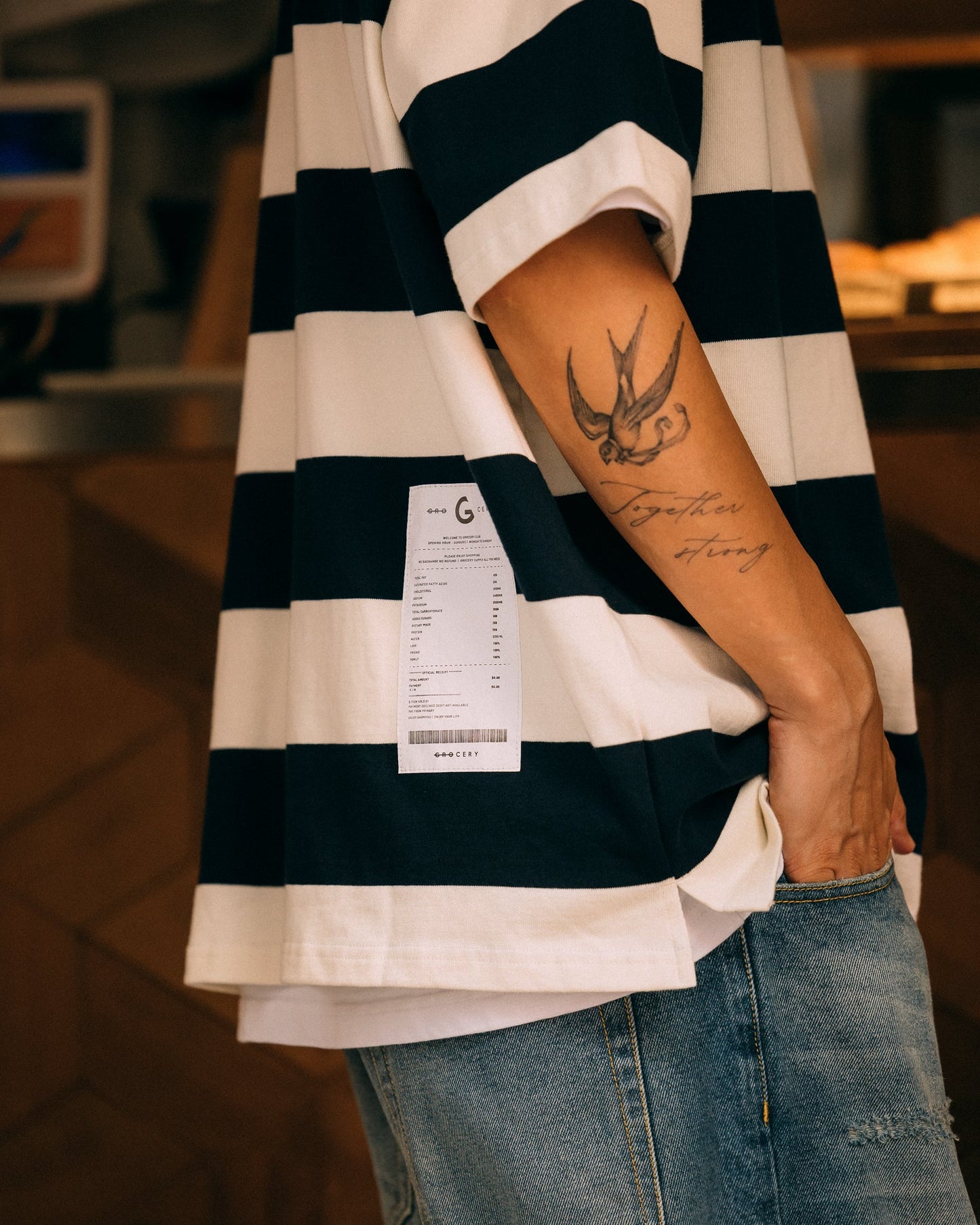 GROCERY PO - 004 EMBROIDERY POCKET STRIPE POLO/ WHITE & NAVY - GROGROCERY