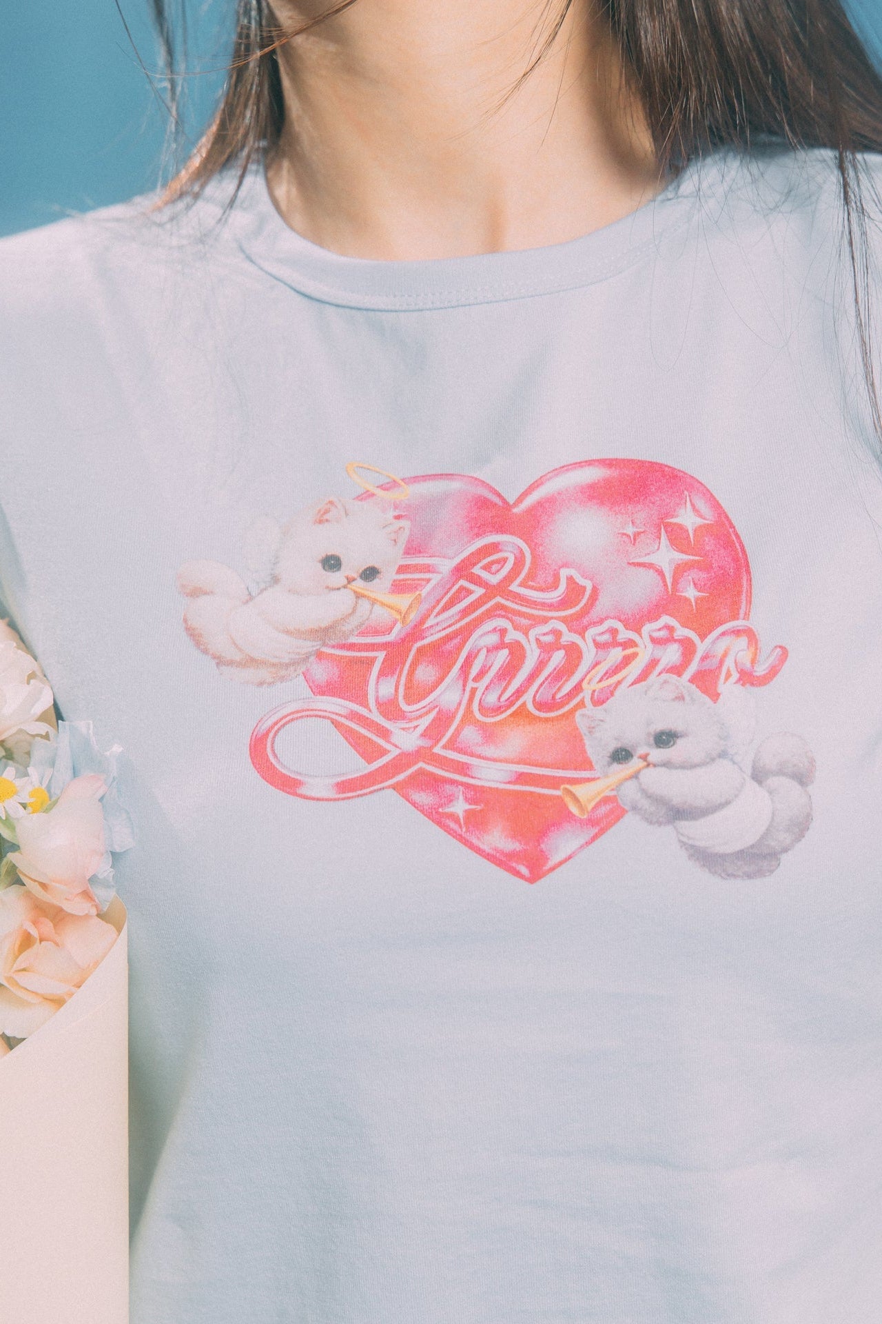 GROCERY x GRRRR TWIN CATS HEART BABY TEE/ BABY BLUE - GROGROCERY