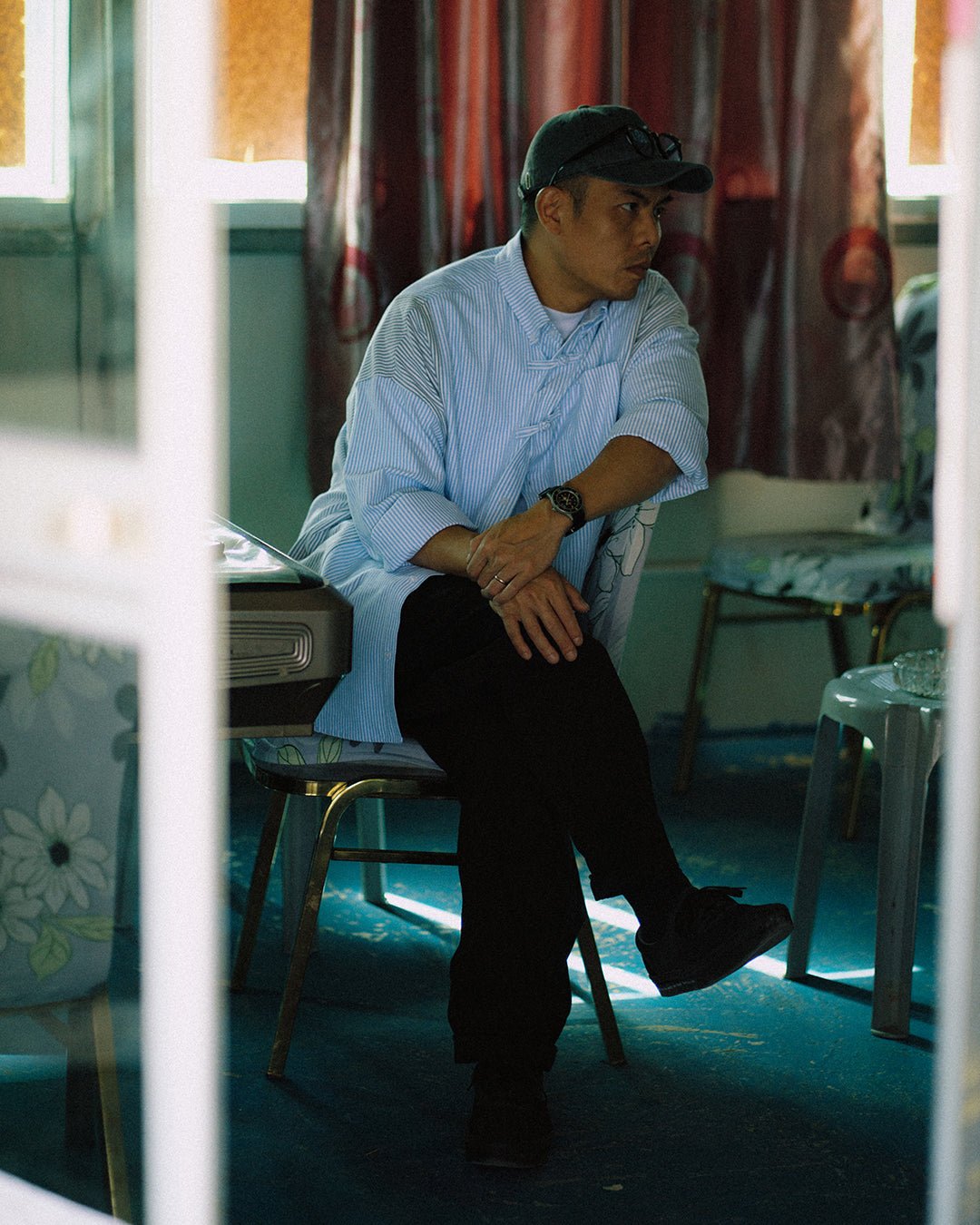 GROCERY X NEEDLESS CHINESE BUTTON STRIPE SHIRT/ BLUE & GREY - GROGROCERY