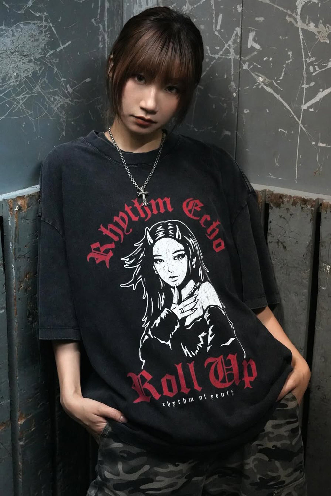 RHYTHM ECHO ROLL UP HEAVY WASH TEE BLACK - GROGROCERY