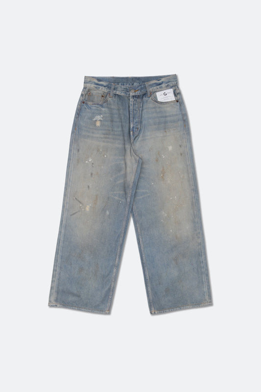 GROCERY FAKE WASHED PRINT WIDE DENIM JEANS/ BLUE