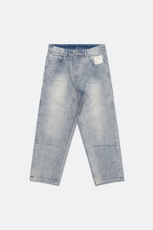GROCERY BAGGY DOUBLE KNEE WASHED DENIM JEANS/ LIGHT BLUE
