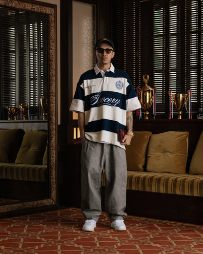 GROCERY COLLEGE EMBLEM EMBROIDERY LOGO STRIPE POLO SHIRT/ CREAM & NAVY