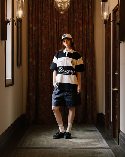 GROCERY COLLEGE EMBLEM EMBROIDERY LOGO STRIPE POLO SHIRT/ CREAM & BLACK