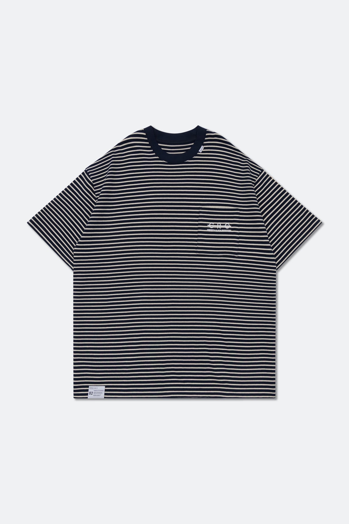 GROCERY EMBROIDERY LOGO POCKET STRIPE TEE/ NAVY & WHITE