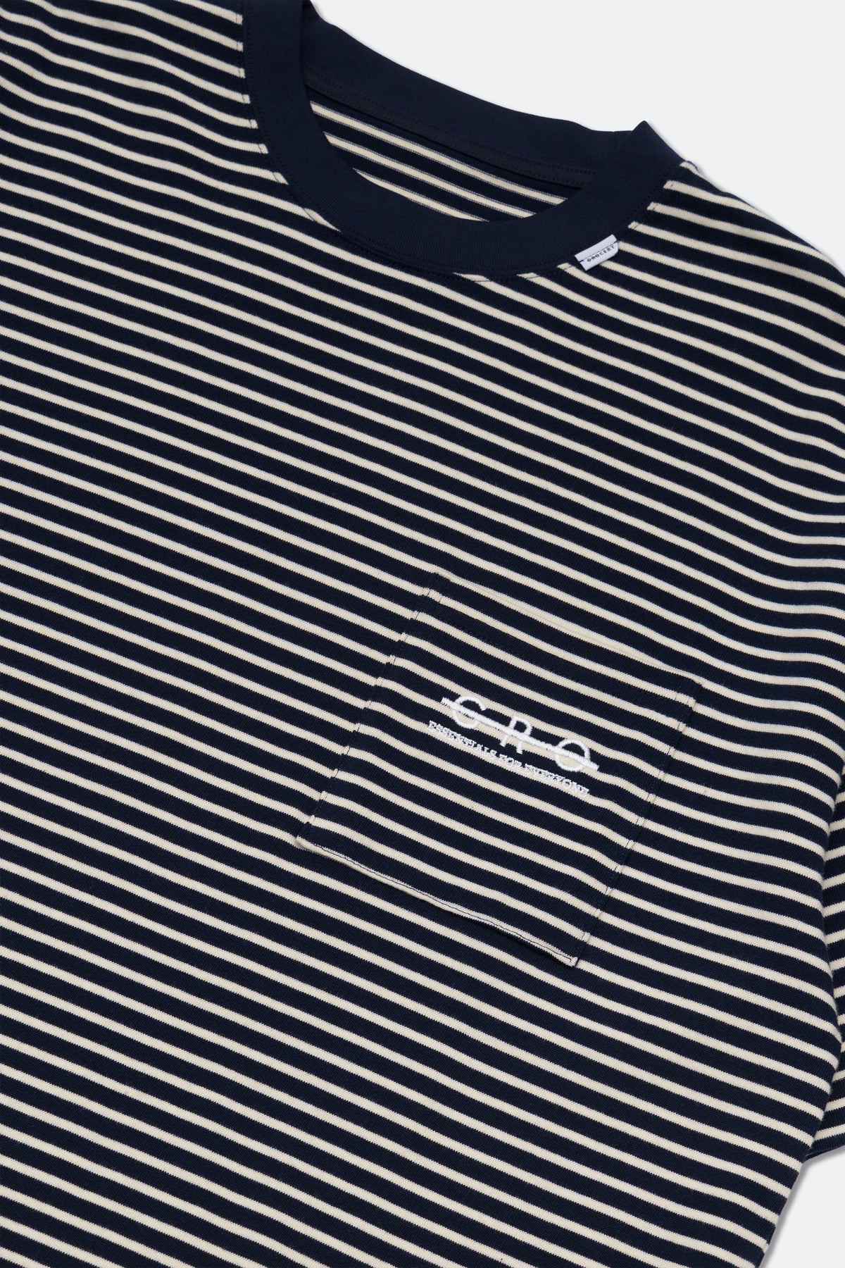 GROCERY EMBROIDERY LOGO POCKET STRIPE TEE/ NAVY & WHITE