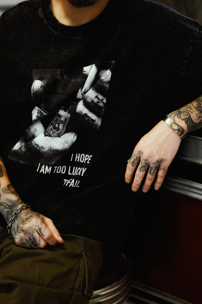 CLUB STUBBORN X OLDSOILISM THE LUCKY PHOTOPRINT TEE/ WASHED BLACK