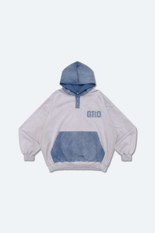 GROCERY TWO TONE BUTTON NECK WASHED HOODIE/ GREY & TEAL