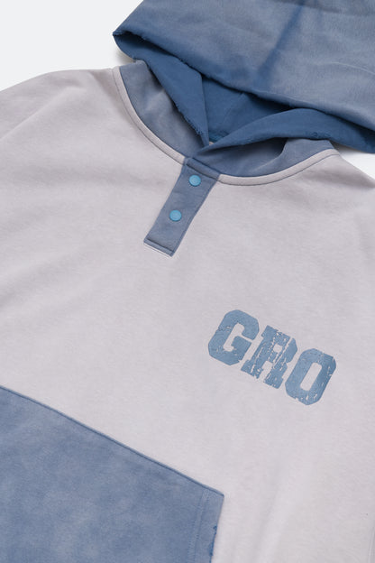 GROCERY TWO TONE BUTTON NECK WASHED HOODIE/ GREY & TEAL