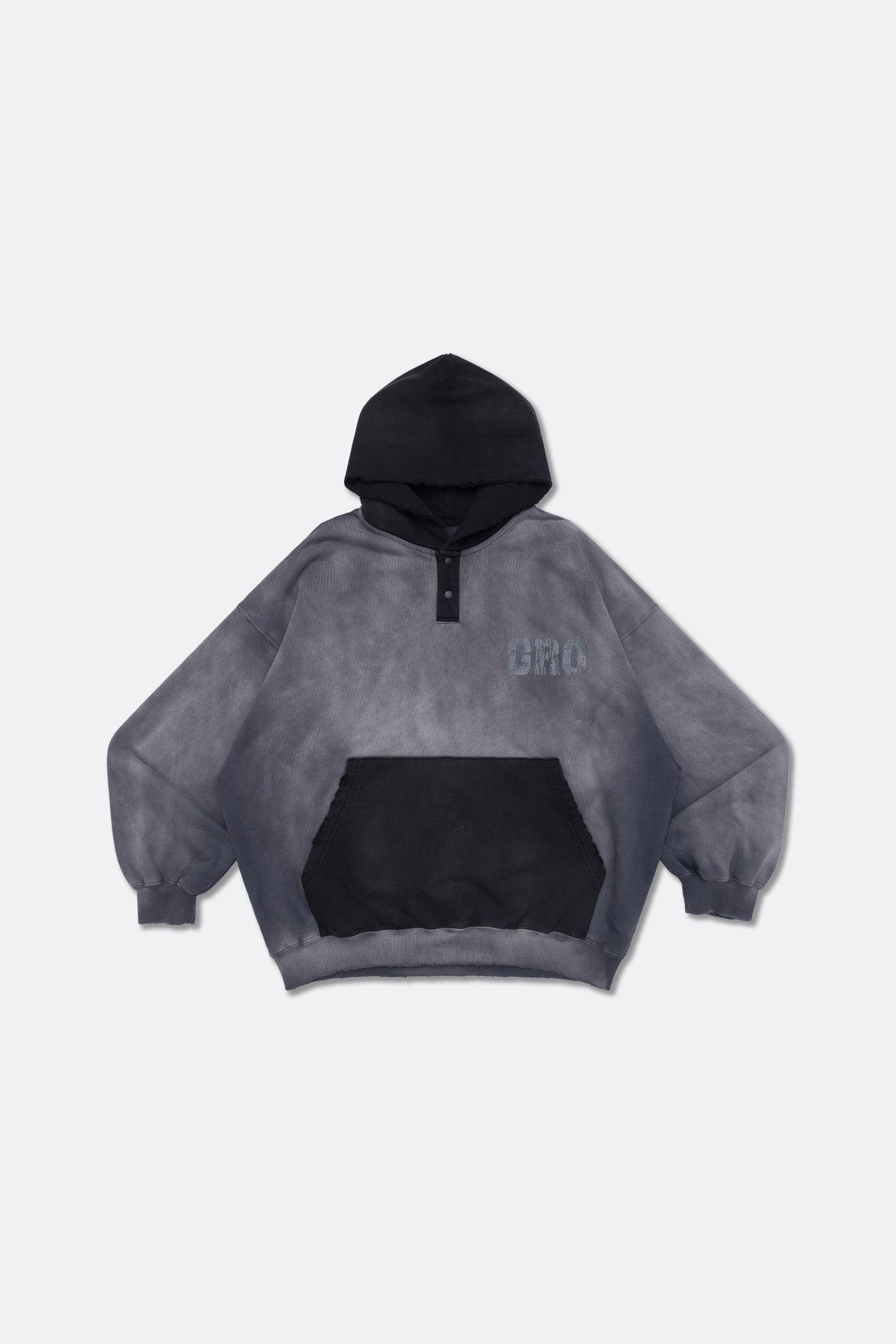 GROCERY TWO TONE BUTTON NECK WASHED HOODIE/ GREY & BLACK