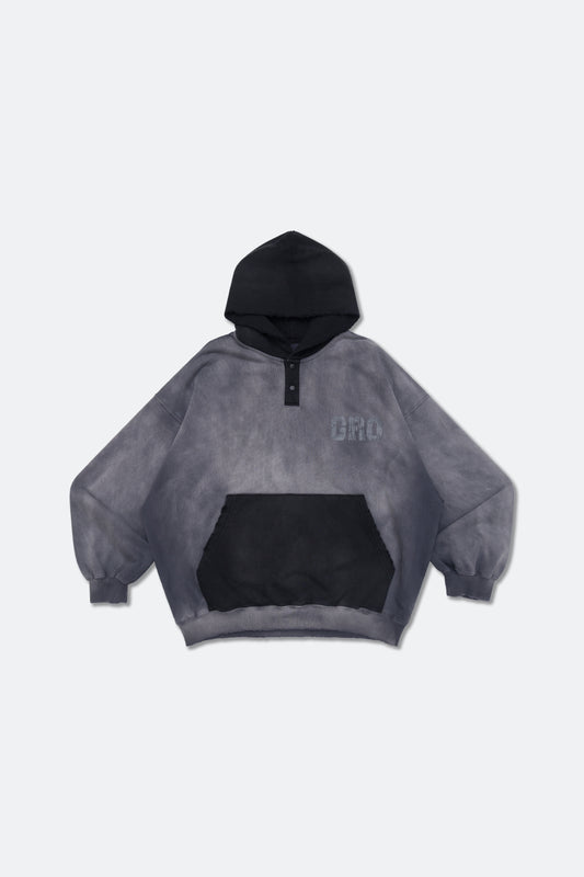GROCERY TWO TONE BUTTON NECK WASHED HOODIE/ GREY & BLACK