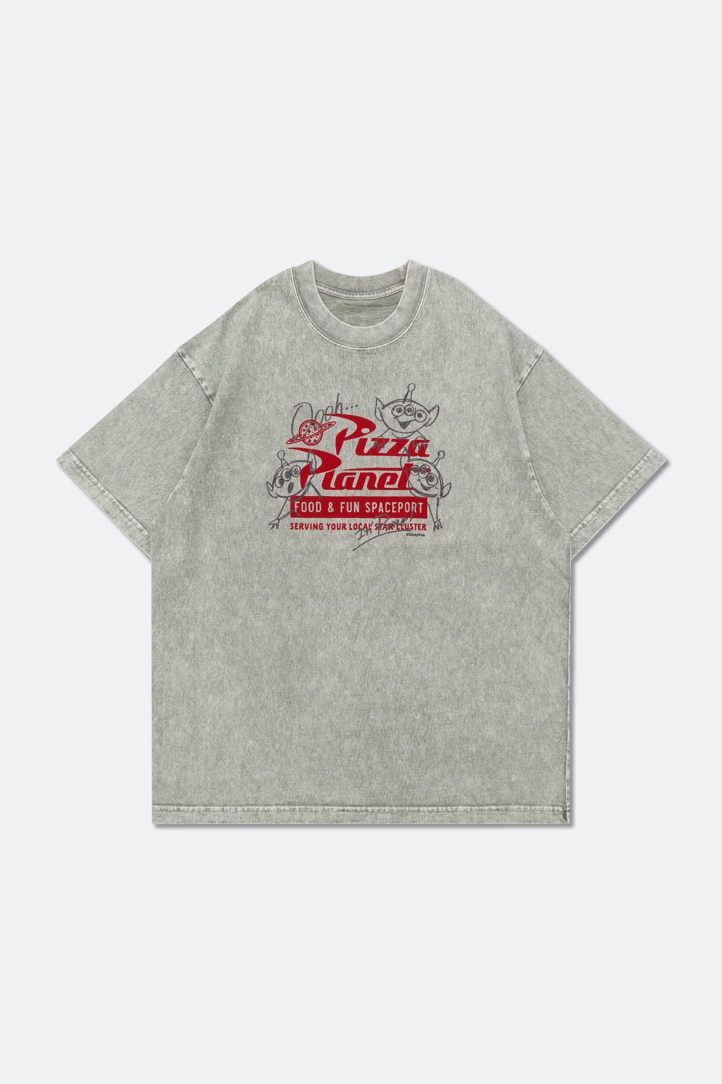 GROCERY | TARMAC | TOY STORY PIZZA PLANET HAND DRAWN RECEIPT WASHED GRAPHIC BOXY TEE/ GREY