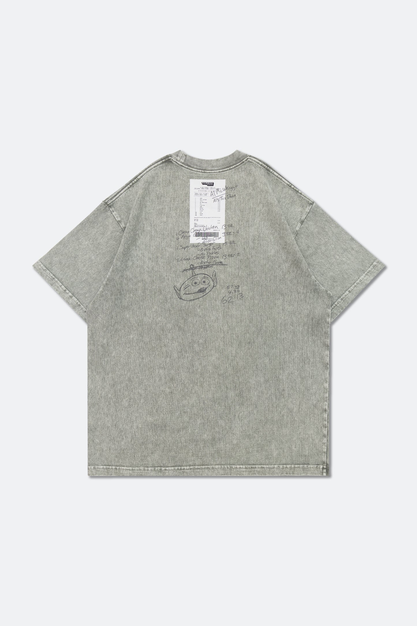 GROCERY | TARMAC | TOY STORY PIZZA PLANET HAND DRAWN RECEIPT WASHED GRAPHIC BOXY TEE/ GREY