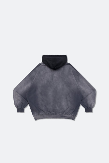 GROCERY TWO TONE BUTTON NECK WASHED HOODIE/ GREY & BLACK