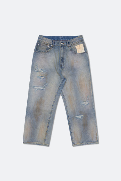 GROCERY PATCH DESTROY DIRTY WASHED BAGGY JEANS/ LIGHT BLUE