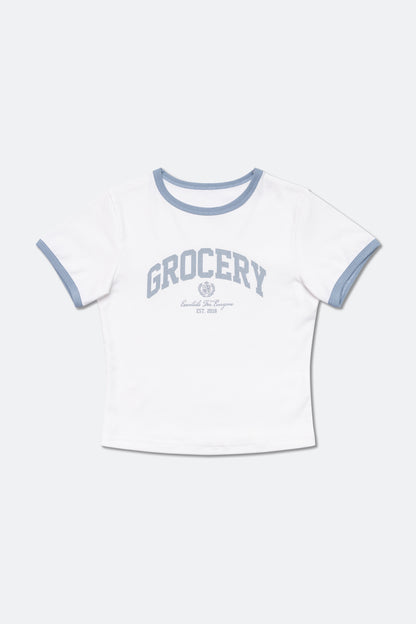 GROCERY COLLEGE LOGO RINGER BABY TEE/ WHITE