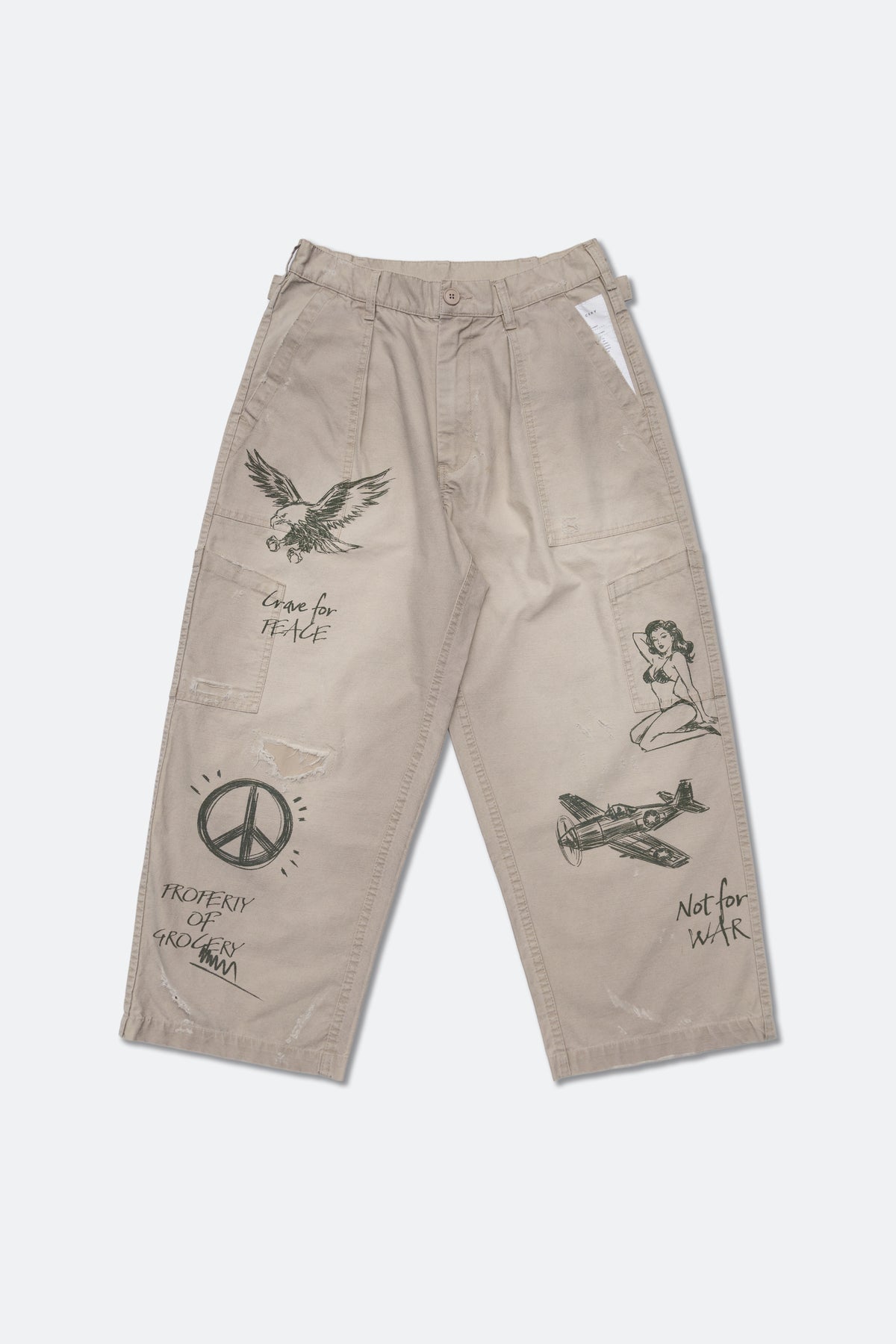 GROCERY HAND DRAWN GRAPHIC WASHED WIDE CHINO PANTS/ BEIGE