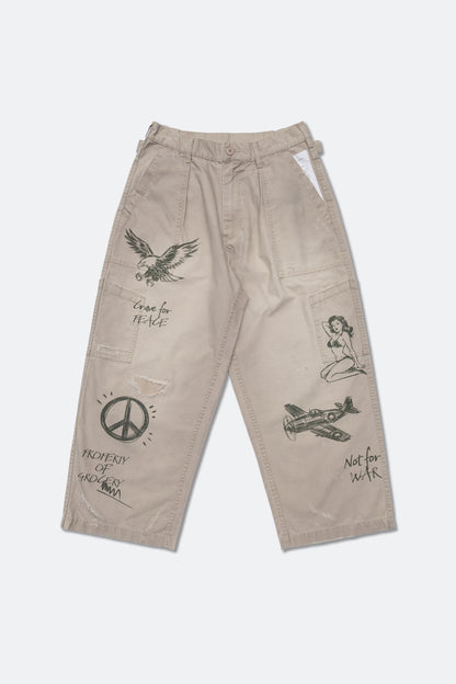 GROCERY HAND DRAWN GRAPHIC WASHED WIDE CHINO PANTS/ BEIGE