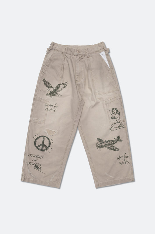 GROCERY HAND DRAWN GRAPHIC WASHED WIDE CHINO PANTS/ BEIGE