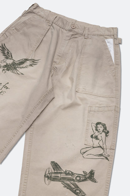 GROCERY HAND DRAWN GRAPHIC WASHED WIDE CHINO PANTS/ BEIGE
