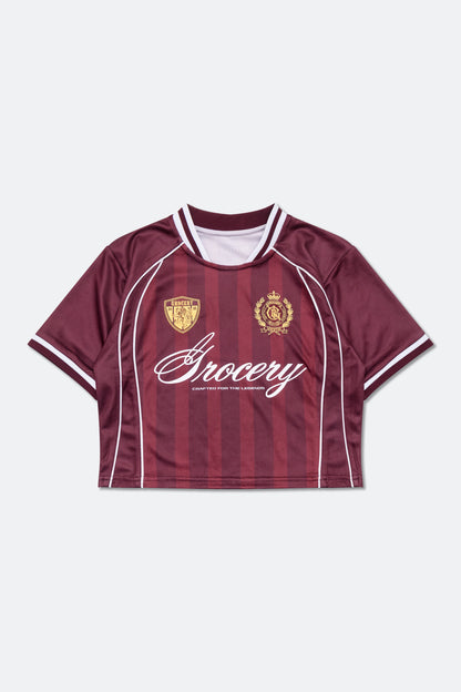 GROCERY COLLEGE STRIPE CROPPED JERSEY/ BURGUNDY