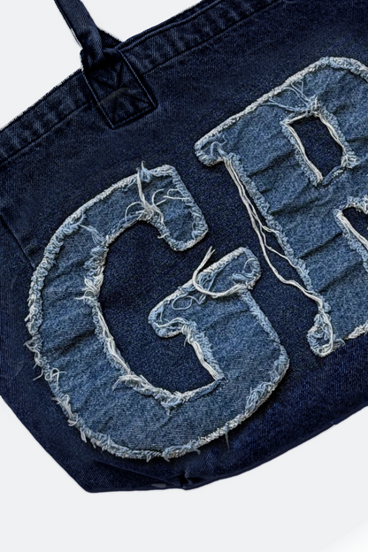 GROCERY DENIM PATCHWORK LOGO SHOPPER TOTE BAG/ INDIGO BLUE