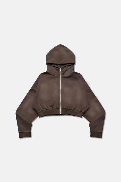 GROCERY FADE WASHED CROPPED ZIP UP HOODIE/ WASHED BROWN