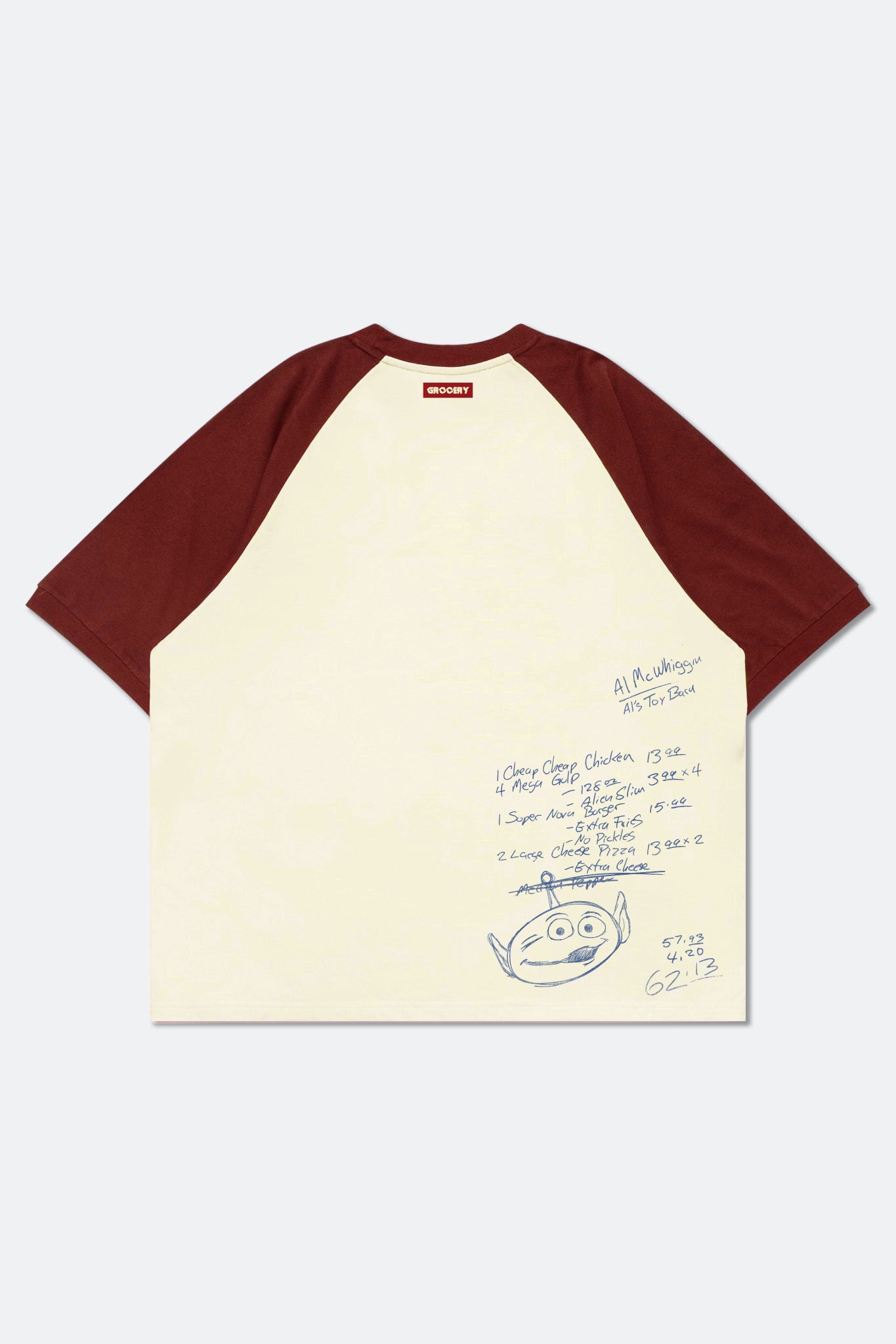 GROCERY | TARMAC | TOY STORY PIZZA PLANET HAND DRAWN RAGLAN TEE/ RED & IVORY