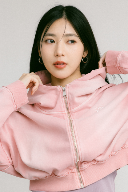 GROCERY FADE WASHED CROPPED ZIP UP HOODIE/ WASHED PINK