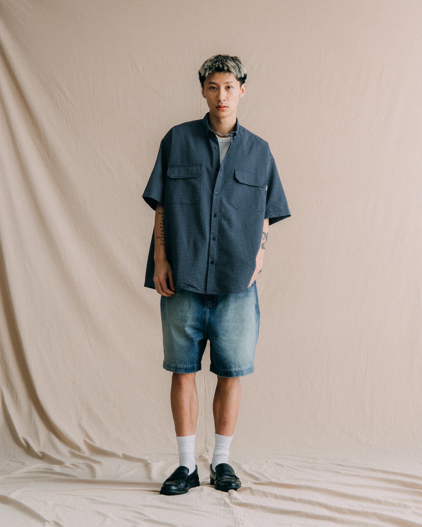 GROCERY DOUBLE POCKET SHORT SLEEVE CHECK SHIRT/ NAVY