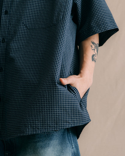 GROCERY DOUBLE POCKET SHORT SLEEVE CHECK SHIRT/ NAVY