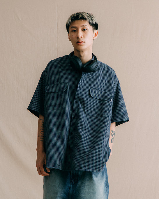 GROCERY DOUBLE POCKET SHORT SLEEVE CHECK SHIRT/ NAVY