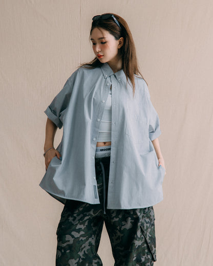 GROCERY POCKET SHORT SLEEVE STRIPE SHIRT/ GREY