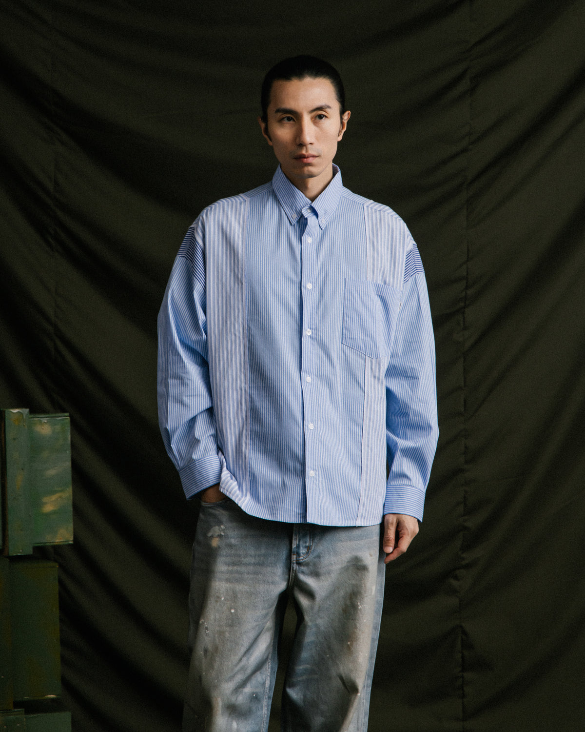 GROCERY MULTI STRIPE PANEL OVERSIZED SHIRT/ BLUE