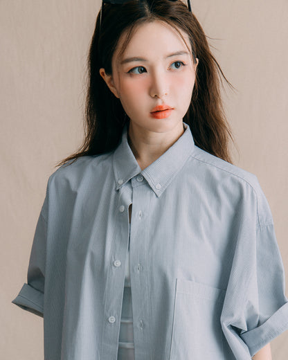 GROCERY POCKET SHORT SLEEVE STRIPE SHIRT/ GREY