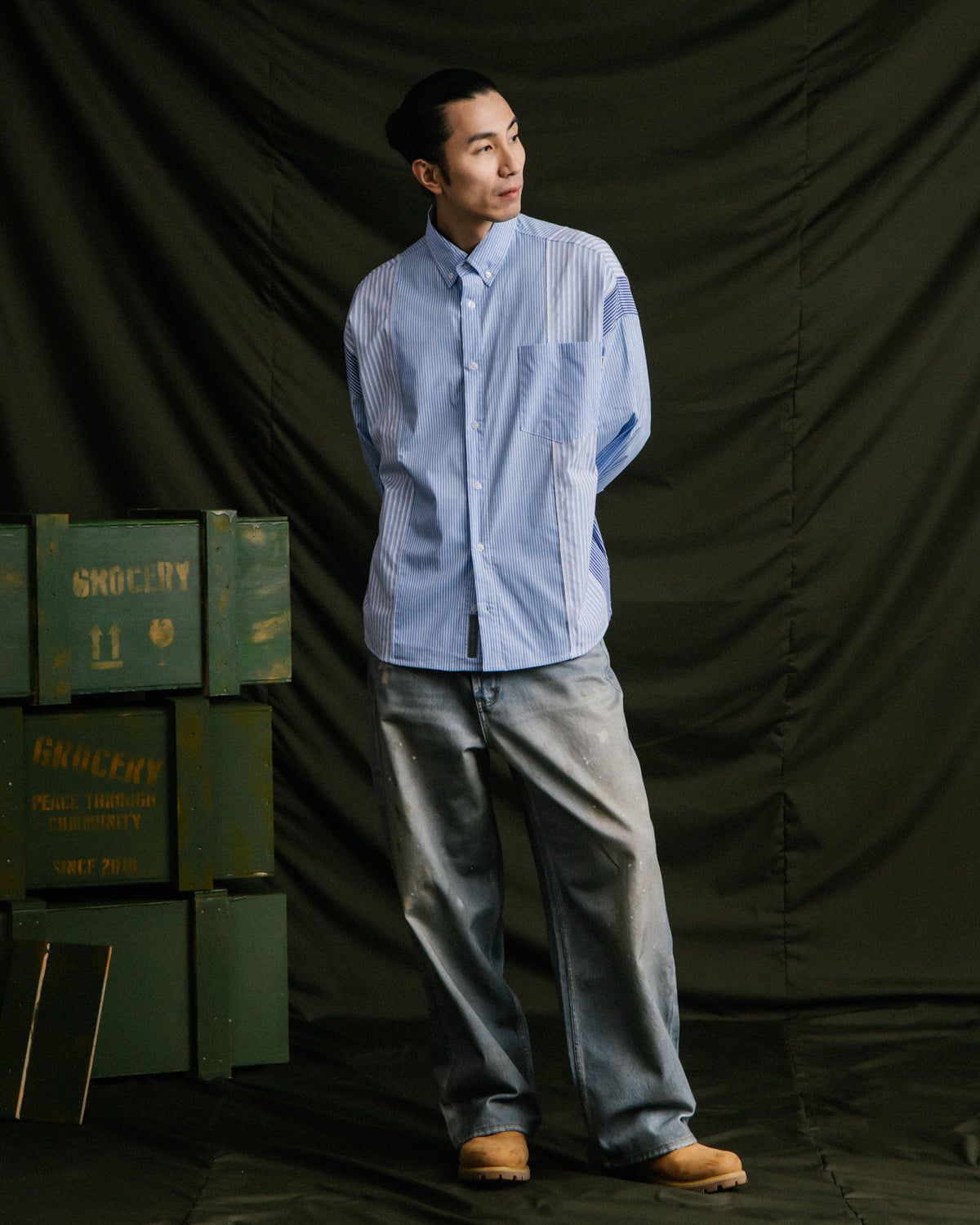 GROCERY MULTI STRIPE PANEL OVERSIZED SHIRT/ BLUE