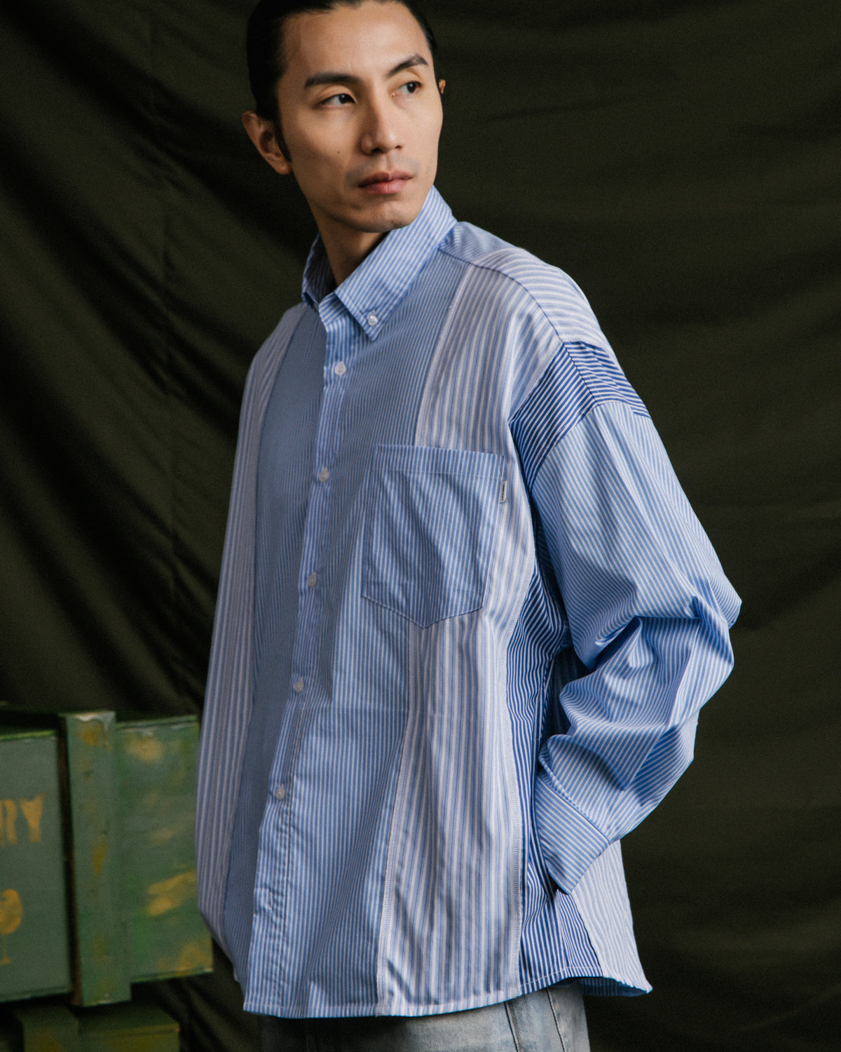 GROCERY MULTI STRIPE PANEL OVERSIZED SHIRT/ BLUE