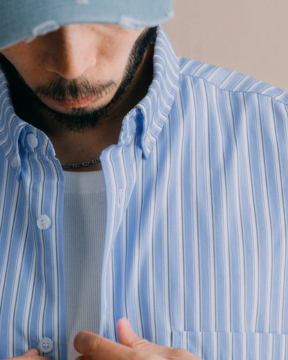 GROCERY POCKET SHORT SLEEVE MULTI STRIPE SHIRT/ BLUE